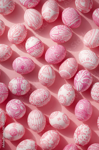 ピンク背景に白とピンクのエッグが規則的に並ぶ縦型の春イベント背景素材. 生成AI