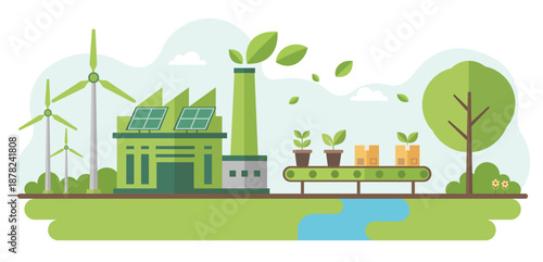 Eco friendly factory with solar panels wind turbines and green production line showing sustainable manufacturing clean energy and environmental care