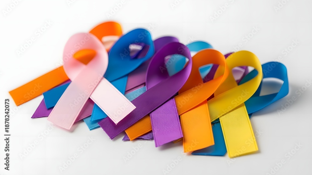Fototapeta premium Pile of Multi Colored Awareness Ribbons for All Cancers