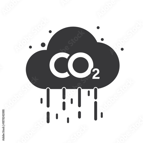Isolated pictogram of cloudy rain with CO2 icon, symbol representing acid rain, air pollution, environmental hazard, and climate awareness.