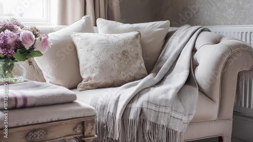 Elegant beige sofa with ornamental pillow, cozy blanket, and fresh pink roses creating a comfortable living room interior