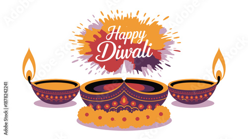 Traditional clay oil lamps with glowing flames celebrate the festive occasion of Diwali