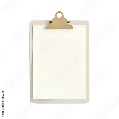 A blank clipboard with a beige frame and gold clamps holding a white paper from a front viewpoint