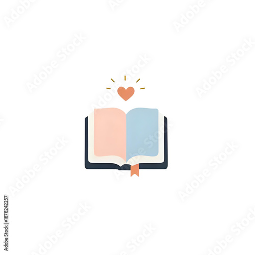 An open book with a heart above it, symbolizing love for reading and knowledge, illustrated in a simple graphic style