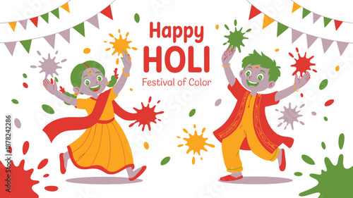 Two cheerful animated children with green hair happily celebrate the vibrant Hindu Holi festival of colors