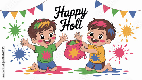 Two cheerful boys celebrate the vibrant Indian Holi festival with colorful powder splashes and festive banners