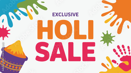 Vivid Exclusive Holi Sale banner featuring a traditional pot of brightly colored powders