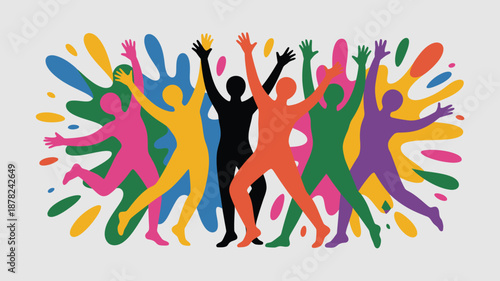 Vibrant silhouettes of diverse people celebrating with colorful paint splatters on a light background