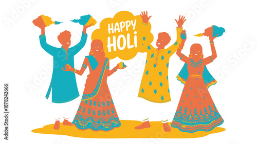 Four cheerful Indian people celebrate Holi with colorful powder splashes and happy greetings