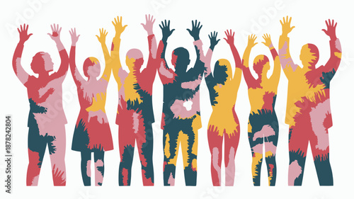 Group of seven diverse people silhouettes with hands raised and colorful textured patterns
