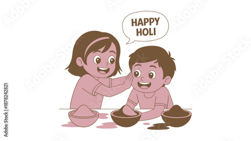 Happy children celebrating the Holi festival playfully applying monochromatic powder from traditional bowls