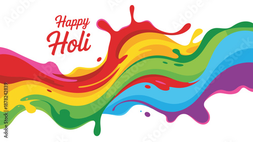 Happy Holi colorful festival greeting with vibrant paint splashes and a dynamic rainbow pattern