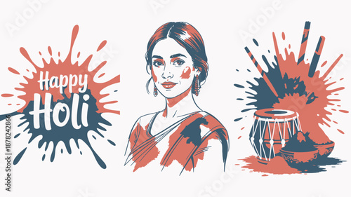 Happy Holi greeting with an Indian woman and traditional musical instruments