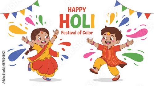 Joyful animated children with brown hair celebrate the vibrant Indian Holi festival of colors with enthusiasm
