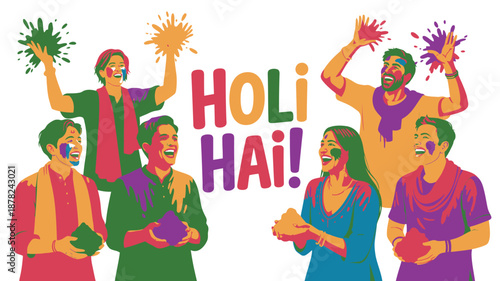 Joyful group of diverse people celebrating Holi festival with colorful powder and cheerful expressions
