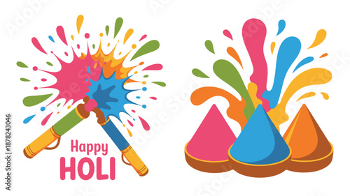 Joyful Happy Holi festival elements showcasing colorful pichkaris splashing paint and vibrant powder piles