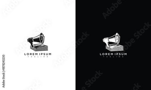 Megaphone illustration on dual white and black backgrounds viewed from the side showcasing a stylized graphic design concept
