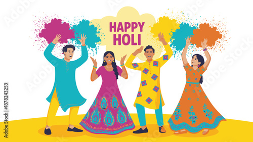 Joyful Indian people celebrating the colorful Hindu festival of Holi with vibrant gulal powder