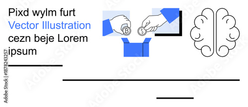 Business solutions, creativity, online commerce, financial exchanges, digital strategy, innovative thinking. Hands exchanging coins, box brain. Financial exchanges and creativity concept