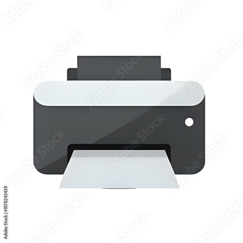 Printer device illustration showing paper output from a modern office machine