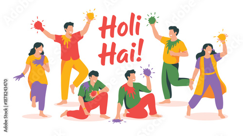 Lively group of friends celebrating the Holi festival with colorful powder and playful poses
