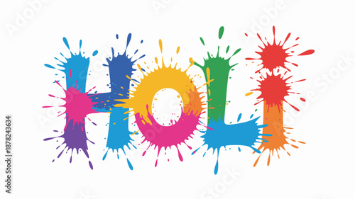 Multicolored Holi text with vibrant paint splatters celebrating the joyous festival of colors on a white surface