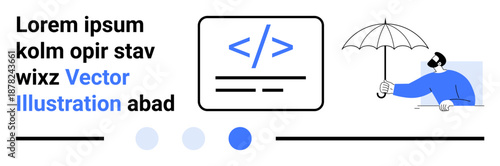 Coding symbol with forward and backward slashes inside framed rectangle. Individual with umbrella. Ideal for technology, coding, protection, software development, teamwork, creativity, simple landing