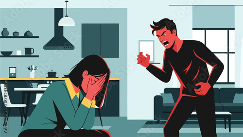 In a tense domestic scene, a man outlined in angry red hues yells aggressively at a heartbroken woman who buries her face in her hands, illustrating a moment of volatile conflict in a modern kitchen