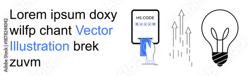 Technology, innovation, data analysis, customs compliance, business growth, creative solutions. Hand scanning HS code, arrows signifying growth and lightbulb icon. Technology and innovation ideas