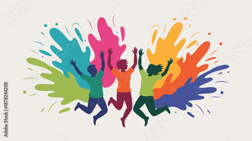 Silhouettes of three energetic people jumping against vibrant splatters of festive Holi colors