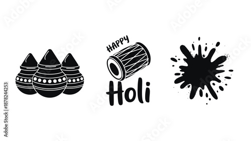 Simple black and white icons display traditional pots, a drum, and a powder splash for Holi festival