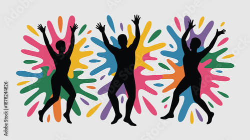 Three black silhouettes of joyful people jumping with arms raised amidst bright paint splatters