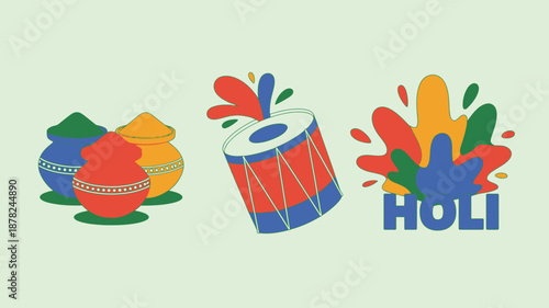 Three cheerful illustrations depict traditional elements of the vibrant Holi festival celebration with colors