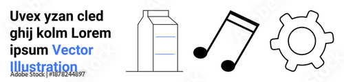 Food packing, creativity, music, technology, engineering, innovation. Minimalistic milk carton, music notes and gear symbol. Food packing and creativity concept for diverse design uses