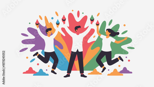 Three excited people jump with colorful paint splashes and gulal cones celebrating the Holi festival