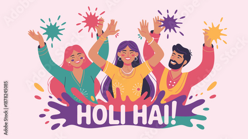 Three happy people joyfully throwing colorful powder celebrating the vibrant Holi festival