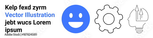 Business innovation, productivity, creativity, problem-solving, technology, teamwork. Blue happy face, gear and head with arrows in a lightbulb. Business innovation and productivity symbol