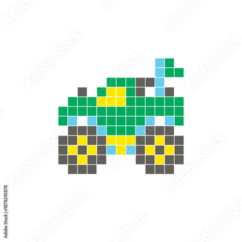 A flat pixel design made of geometric square color blocks on a clean icon layout. Pixel art monster truck