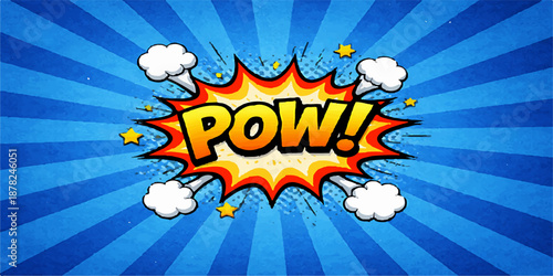 A vibrant pop art vector illustration featuring a comic book explosion with a yellow sunburst background, incorporating a heroic boom text sign and a power burst symbol for a summer sale design
