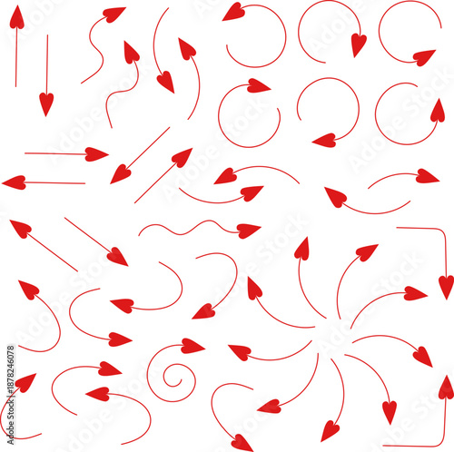Set of arrows with heartVector set of 43 red arrows for Valentine’s Day. Romantic decorative elements for design, love projects, illustrations, social media, and branding.