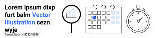 Time tracking, productivity, data analysis, organization, meetings, scheduling tools. Calendar, magnifying glass stopwatch icons in minimal style. Time tracking and productivity concept