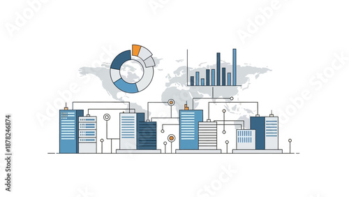 Illustration of a global business network connecting modern city buildings with data analytics charts and graphs.