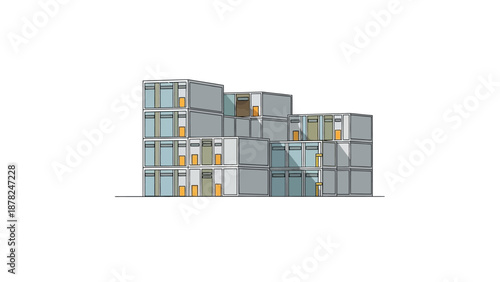 A modern architectural design featuring stacked modular units with large windows and balconies, creating a stepped facade.