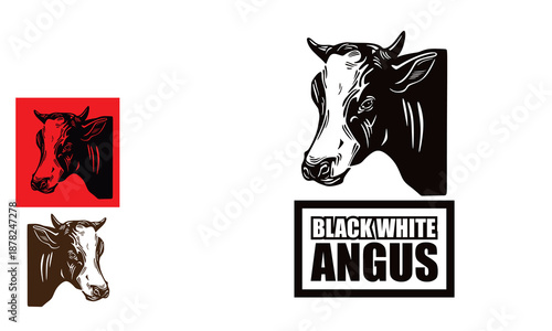 BLACK AND WHITE ANGUS LOGO, silhouette of great cattle head vector illustrations
