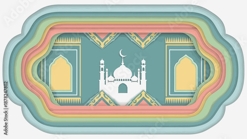 Ramadan background features prayer rug patterns and mosque in paper cut layers