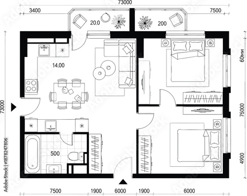 Technical architectural floor plan with dimensions for a residential apartment including two bedrooms and living room.