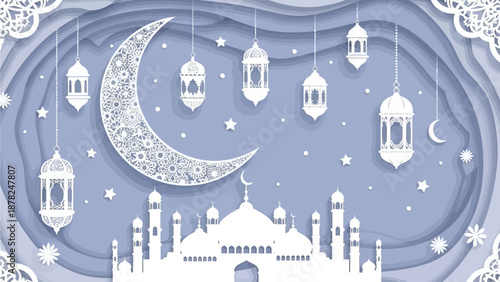 Ramadan background shows hanging lanterns above mosque with layered paper cut effect