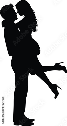 Black silhouette of a romantic couple embracing with the man lifting the woman, showing love and affection.