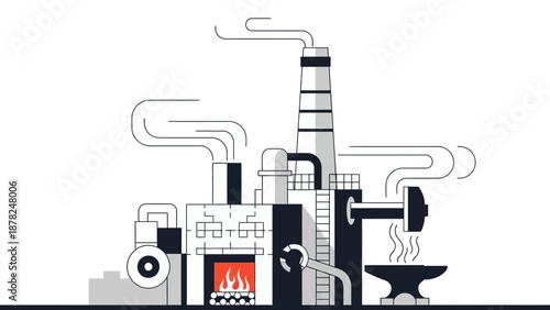 Illustration of a factory with a tall smokestack emitting smoke, a furnace with flames, and industrial machinery.