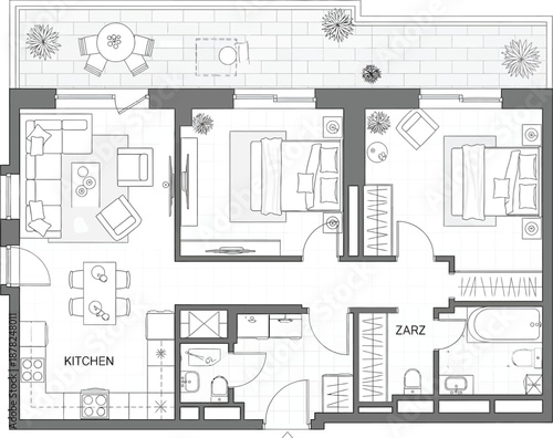 Professional Building Layout Floor Plan for a Modern Luxury Apartment with Terrace and Interior Details